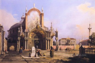 パラディオ様式の広場と 1755 年のカナレットにある精巧なゴシック様式の柱廊玄関を持つ円形の教会のカプリッチョ Oil Paintings